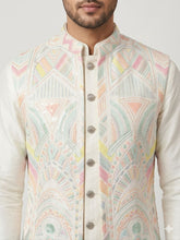 Load image into Gallery viewer, Ivory Silk Kurta Set with Pastel Geometric Nehru Jacket