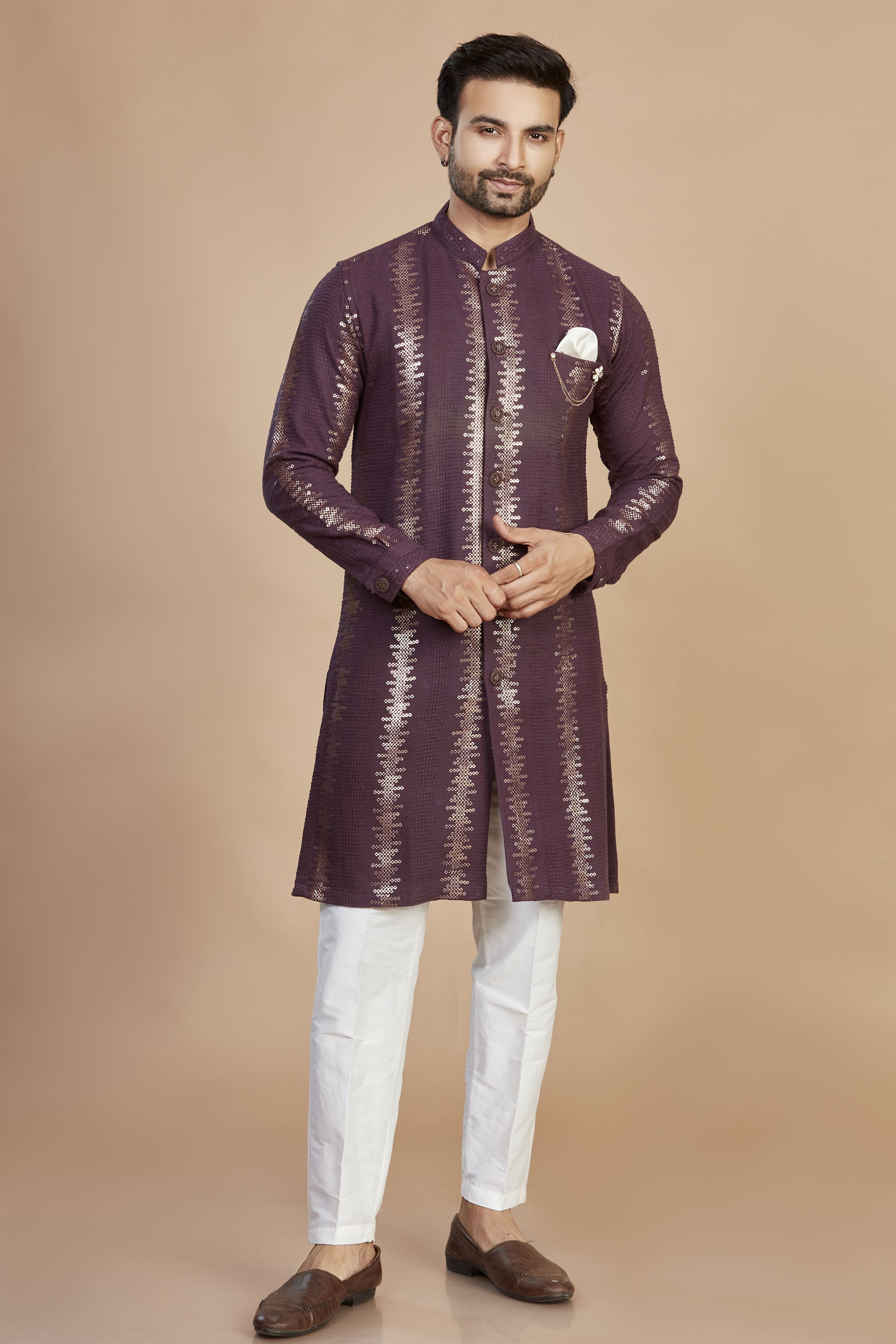 Wine Sequin Embroidered Indo-Western
