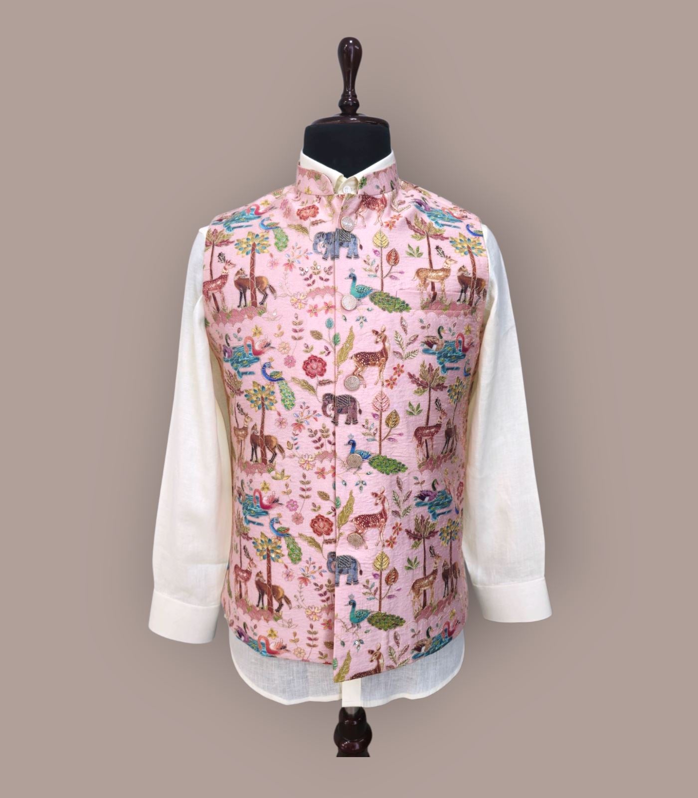 Peach Safari Print Nehru Jacket