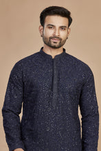 Load image into Gallery viewer, Navy Blue Textured Kurta Set with Subtle Sequin Detailing