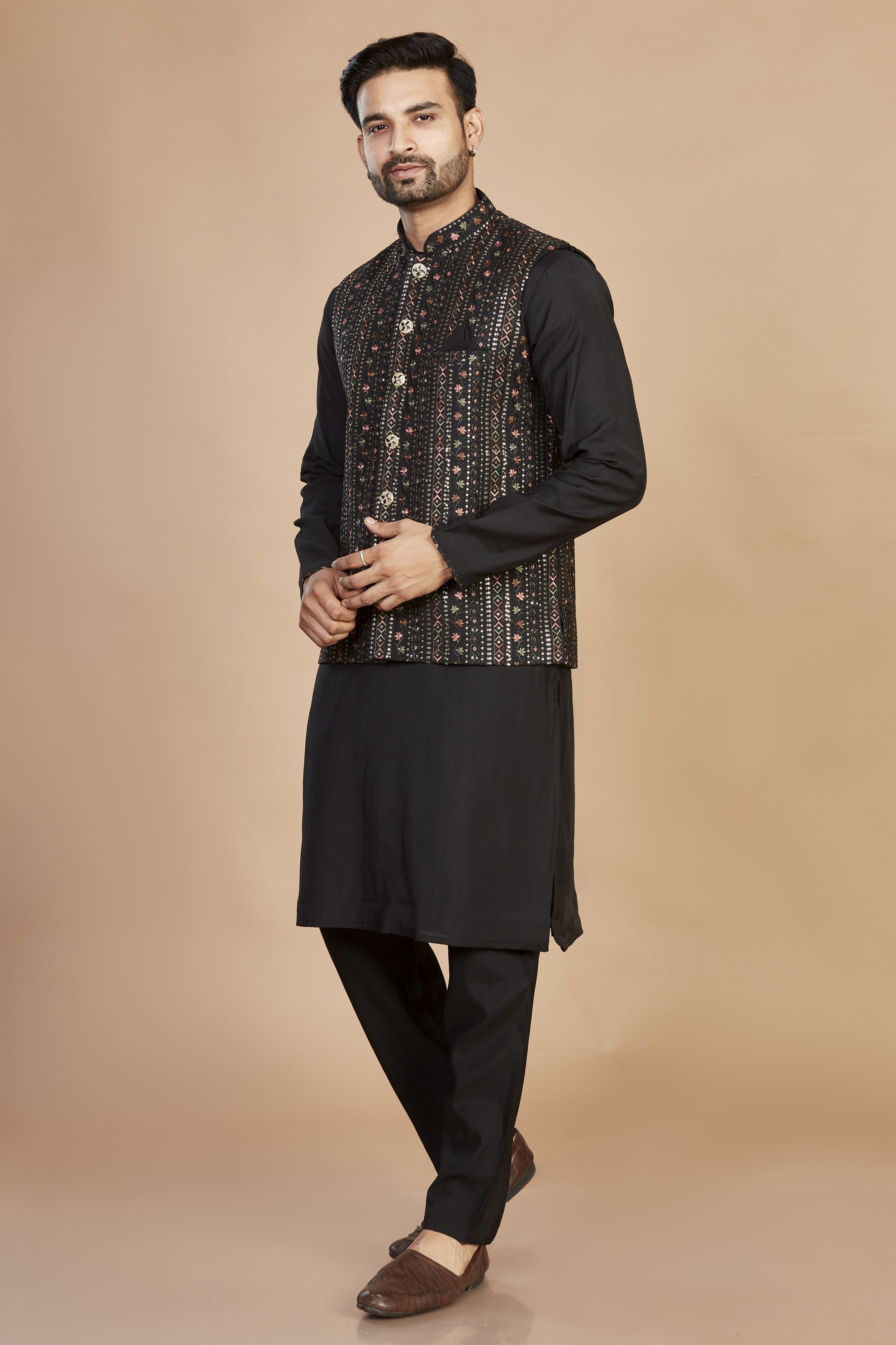 Classic Black Kurta Set with Nehru Jacket