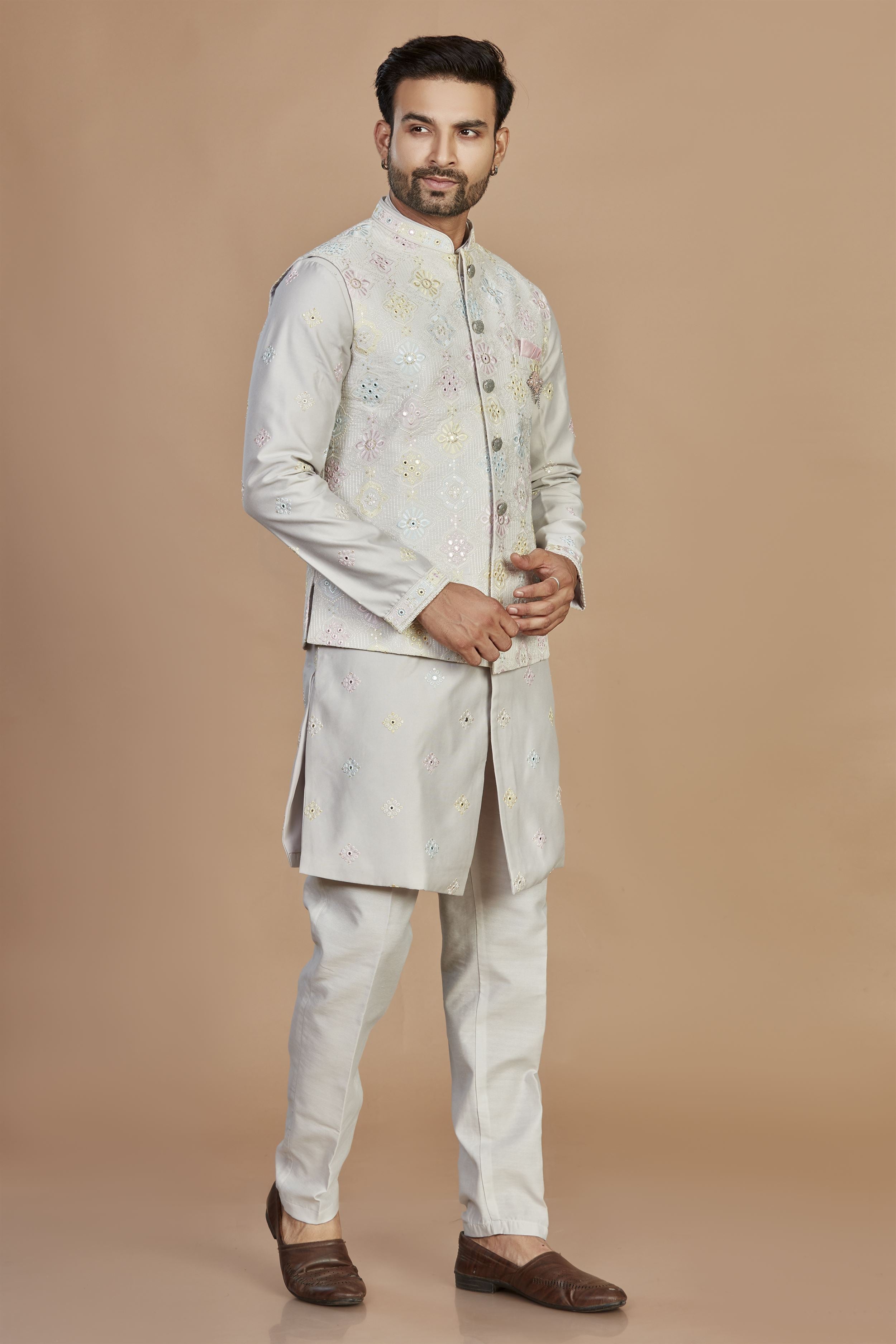 Grey Embroidered Kurta Set with Koti