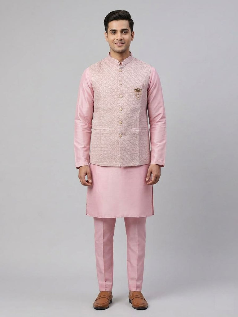 Men’s Pink Textured Nehru Jacket & Kurta Set