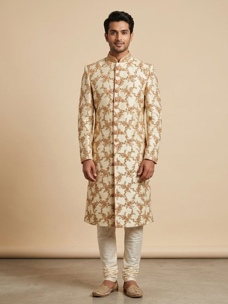 Embroidered Cream Sherwani for Men