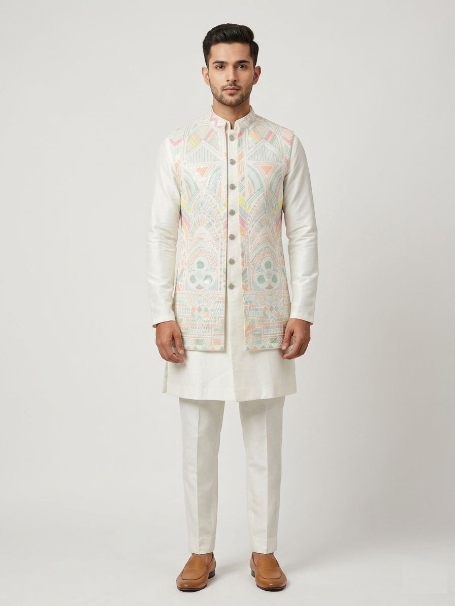 Ivory Silk Kurta Set with Pastel Geometric Nehru Jacket
