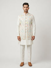 Load image into Gallery viewer, Ivory Silk Kurta Set with Pastel Geometric Nehru Jacket
