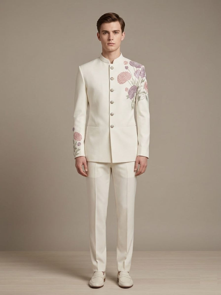 White Floral Embroidered Jodhpuri Suit