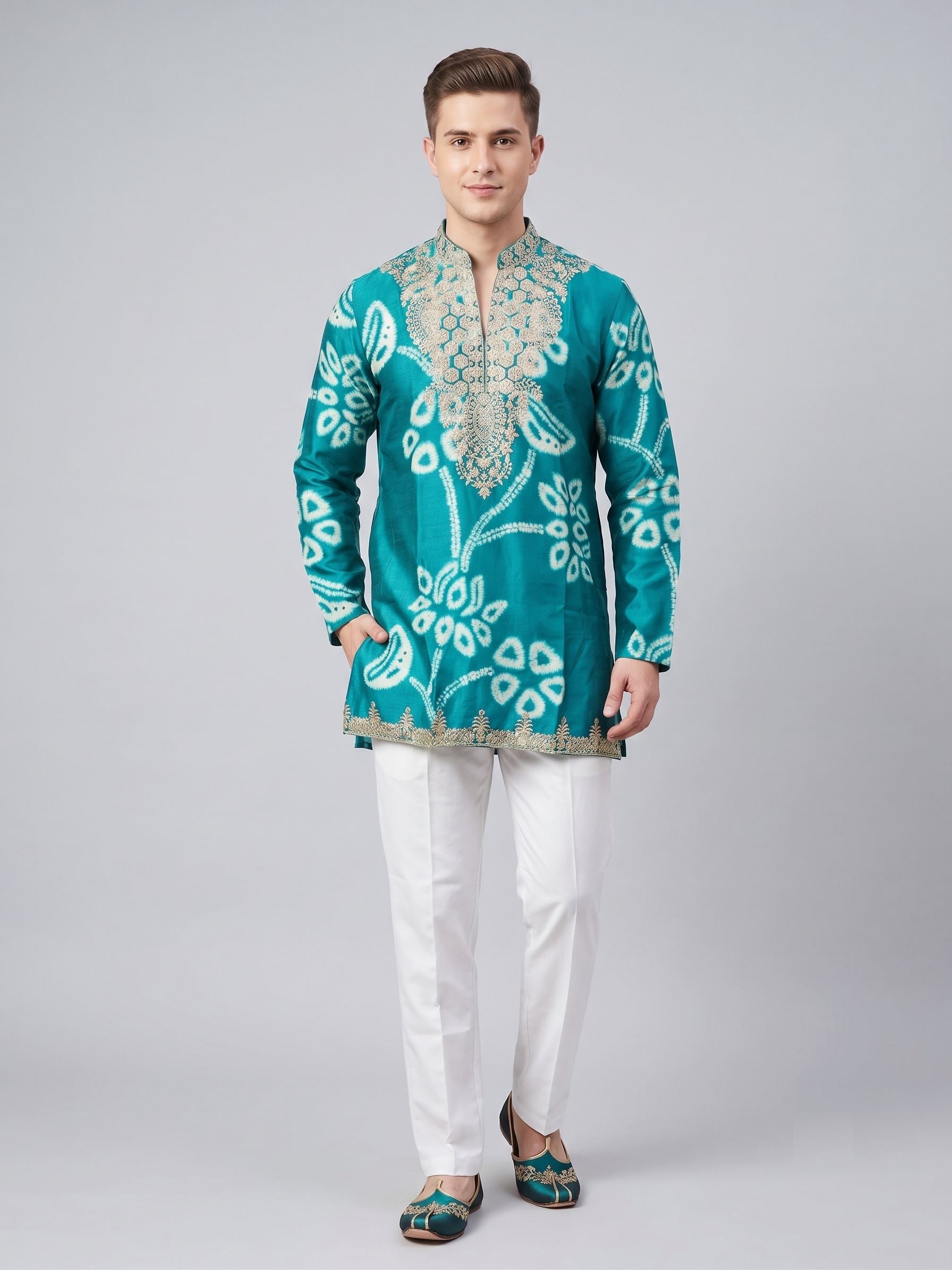 Teal Blue Bandhani Embroidered Short Kurta Set