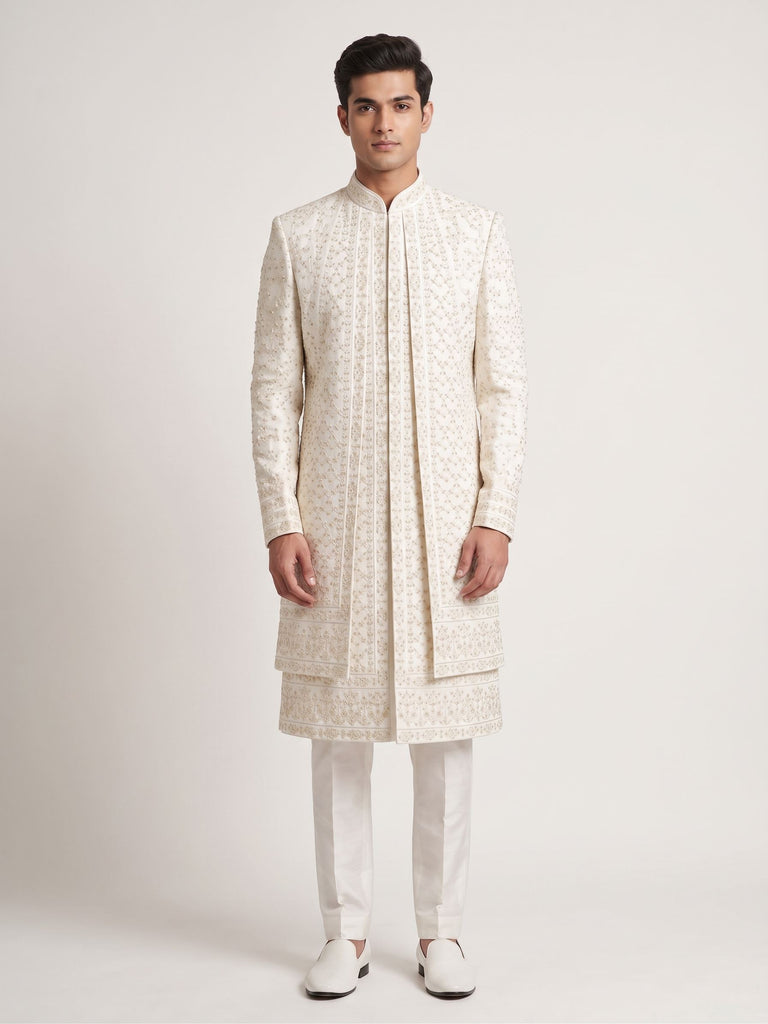 The Monarch Layered Sherwani in Pearl White