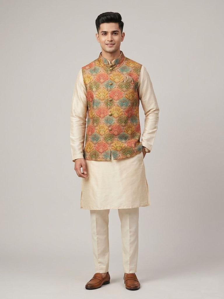 Mustard Printed Nehru Jacket