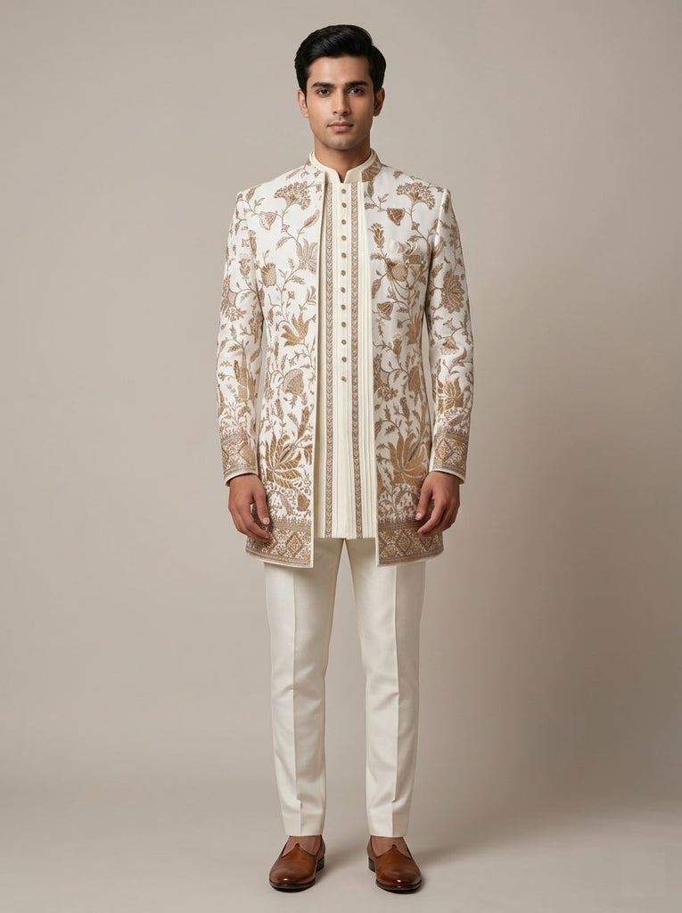 Exquisite Ivory & Gold Embroidered Indowestern