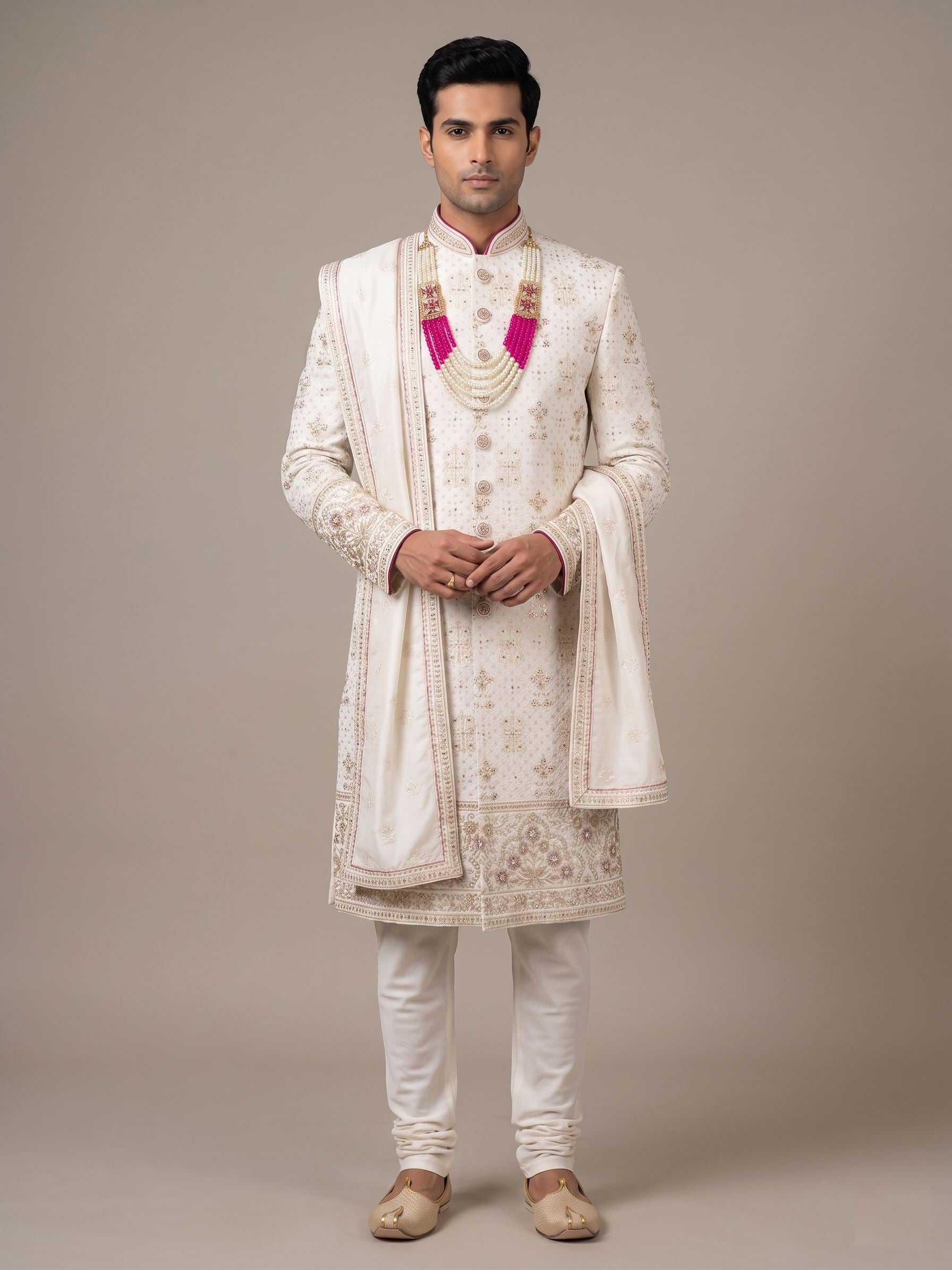 Majestic White Resham-Embroidered Silk Sherwani
