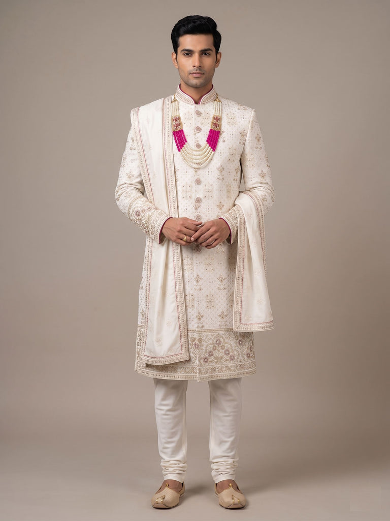 Majestic White Resham-Embroidered Silk Sherwani