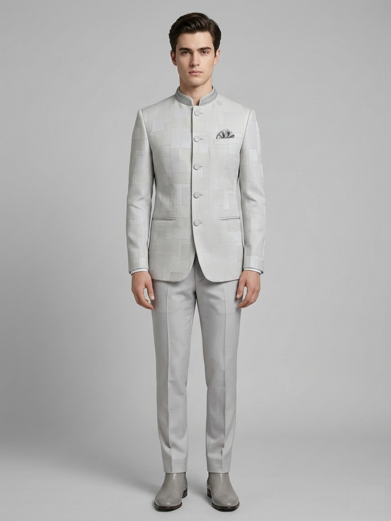 Men’s Silver-Grey Geometric Bandhgala Suit