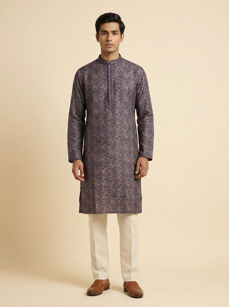 Men's Slate Blue Intricate Floral Print Kurta