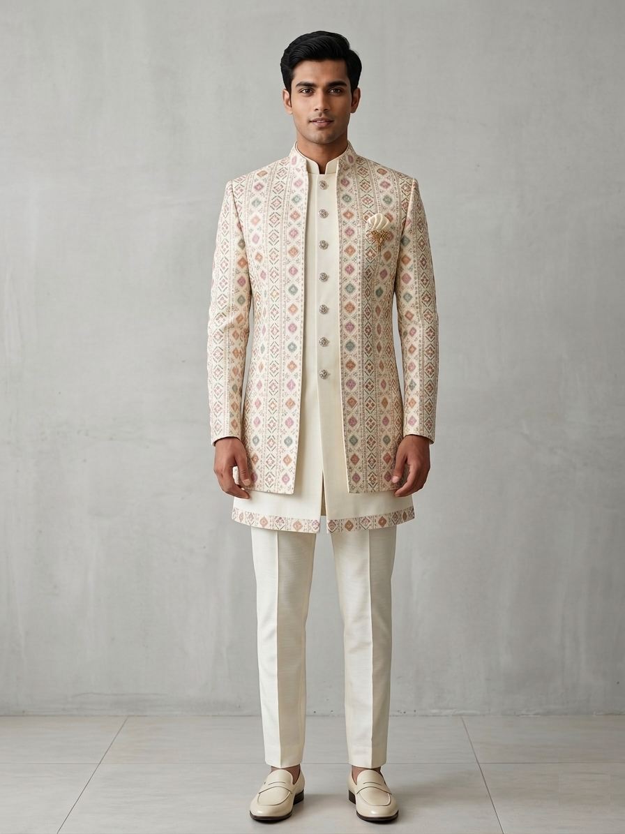 Ivory Geometric Embroidered Indo Western