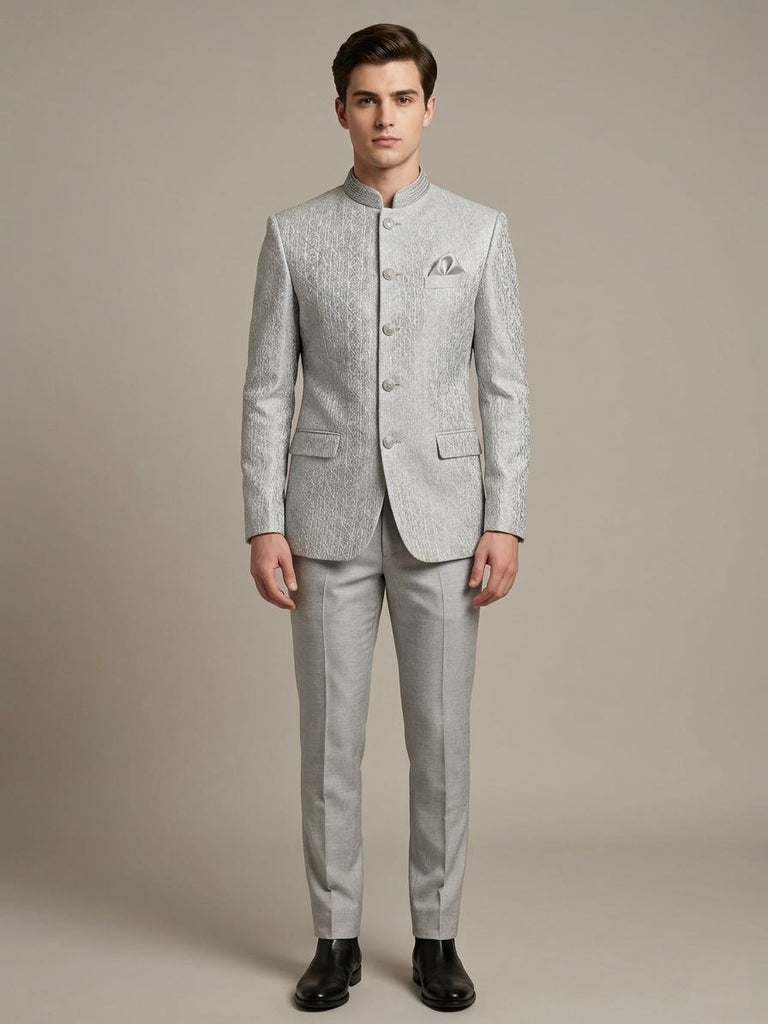 Grey Textured Bandhgala Suit