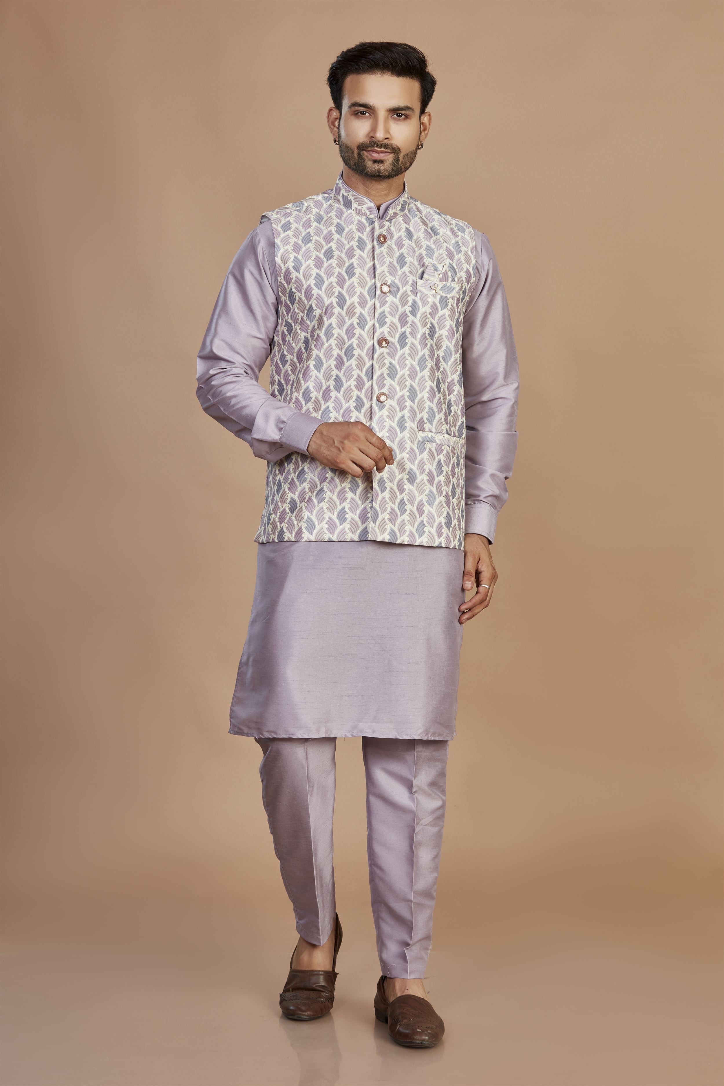 Purple Kurta Set with Nehru Jacket
