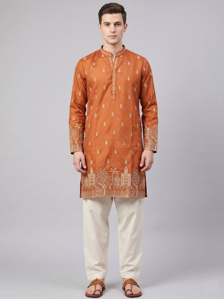 Men's Rust Orange Printed Festive Kurta