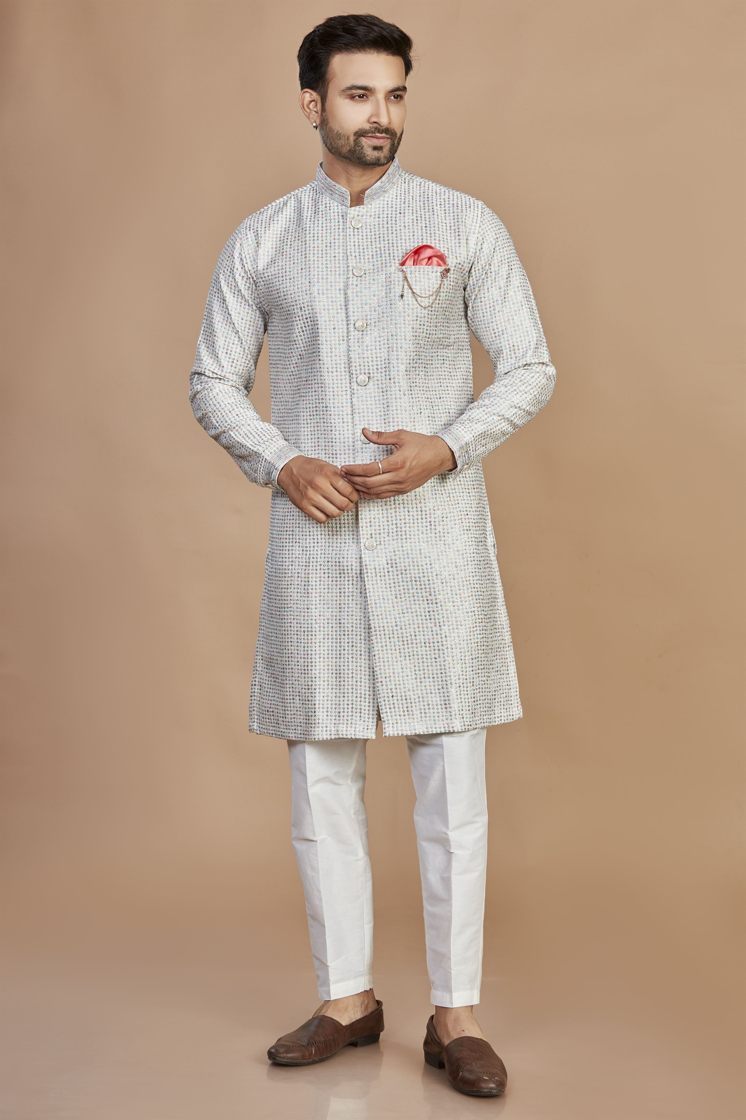 Cream Multicolor Semi Indo Kurta