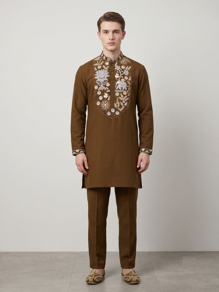 Earthy Olive Embroidered Silk Kurta Set