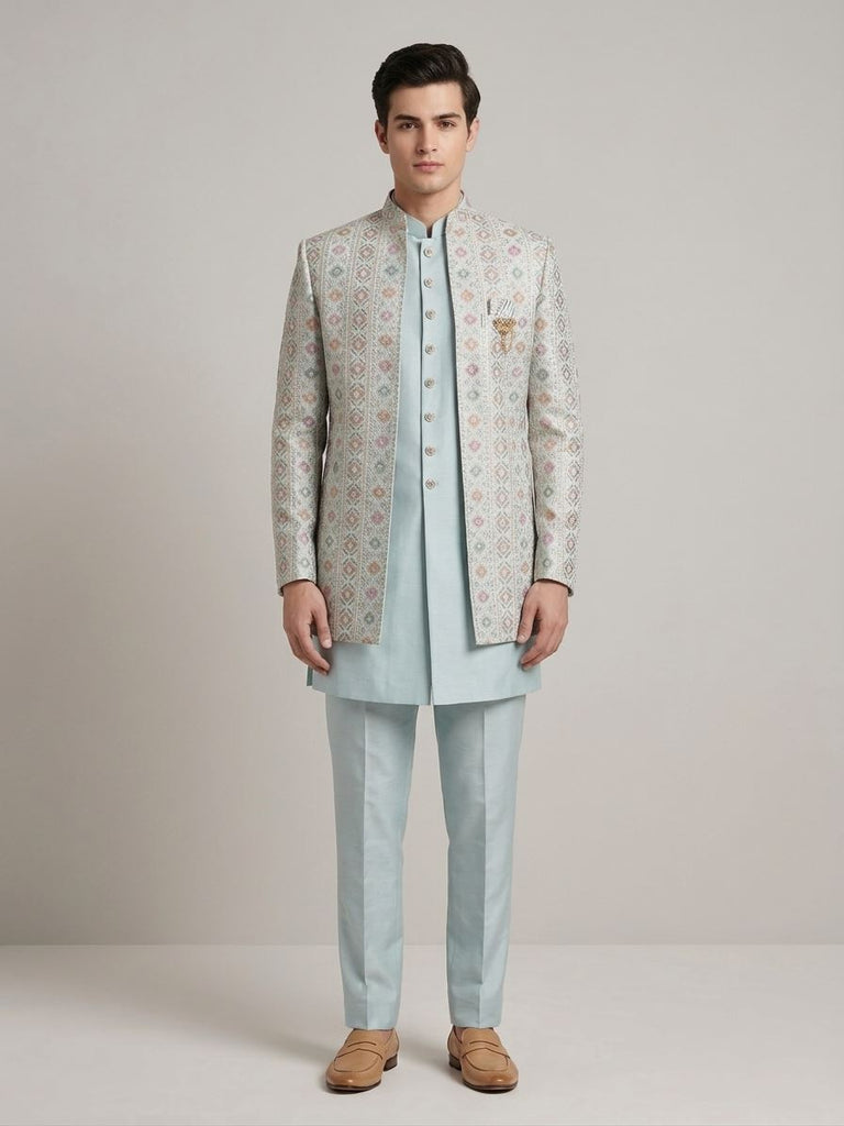 Pastel Mint Geometric Embroidered Indowestern