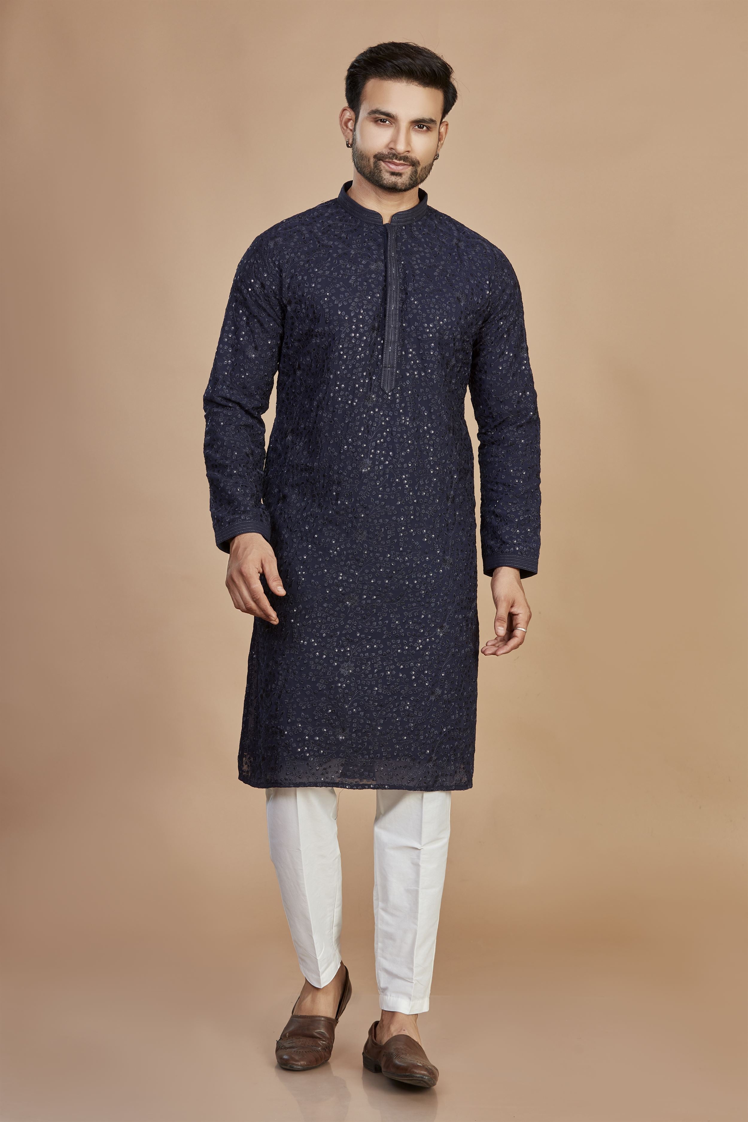 Navy Blue Textured Kurta Set with Subtle Sequin Detailing