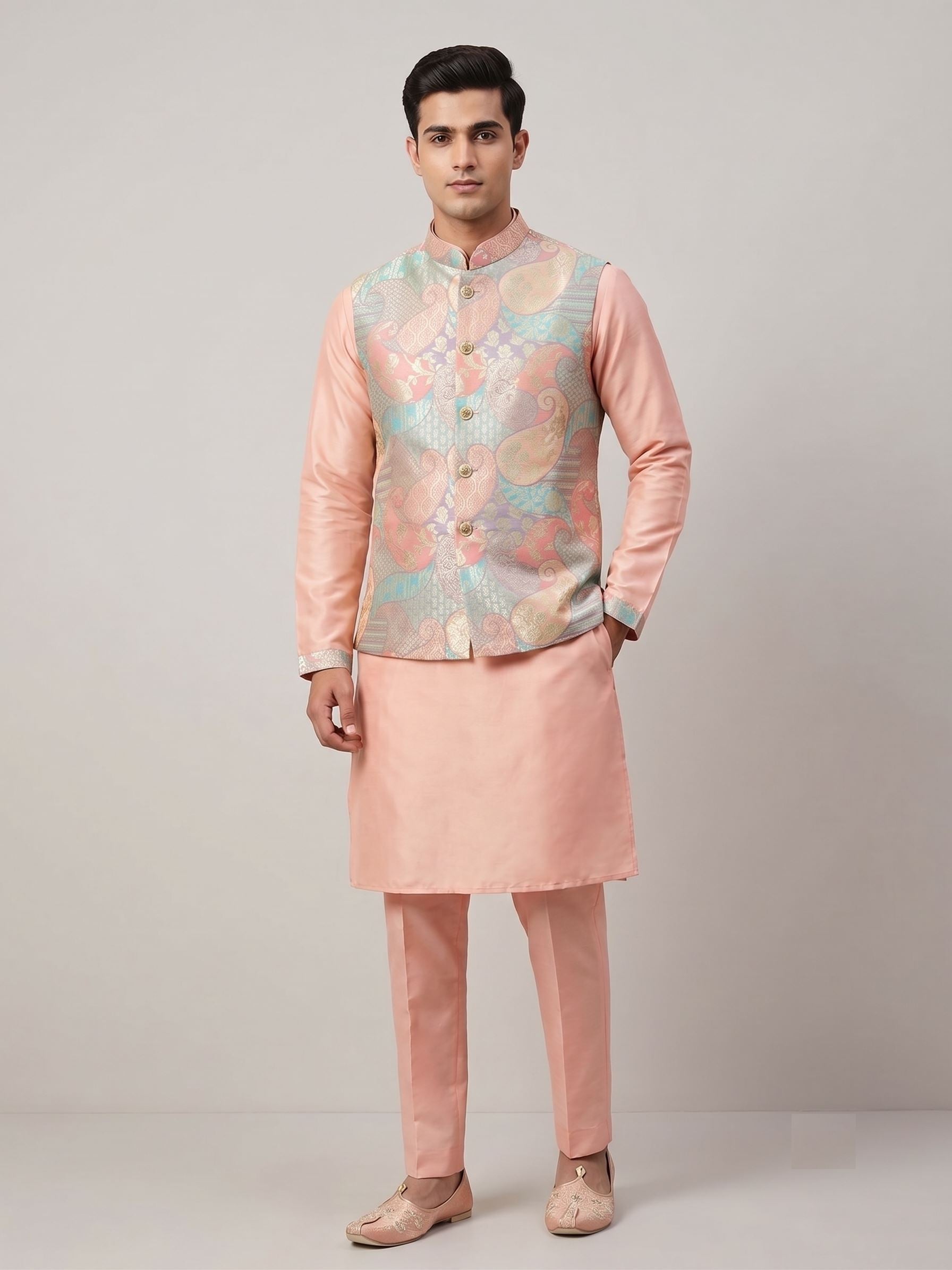 Peach Jacquard Paisley Koti Set