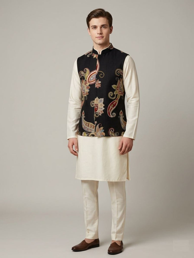 Black Silk Nehru Jacket with Multicolored Embroidery