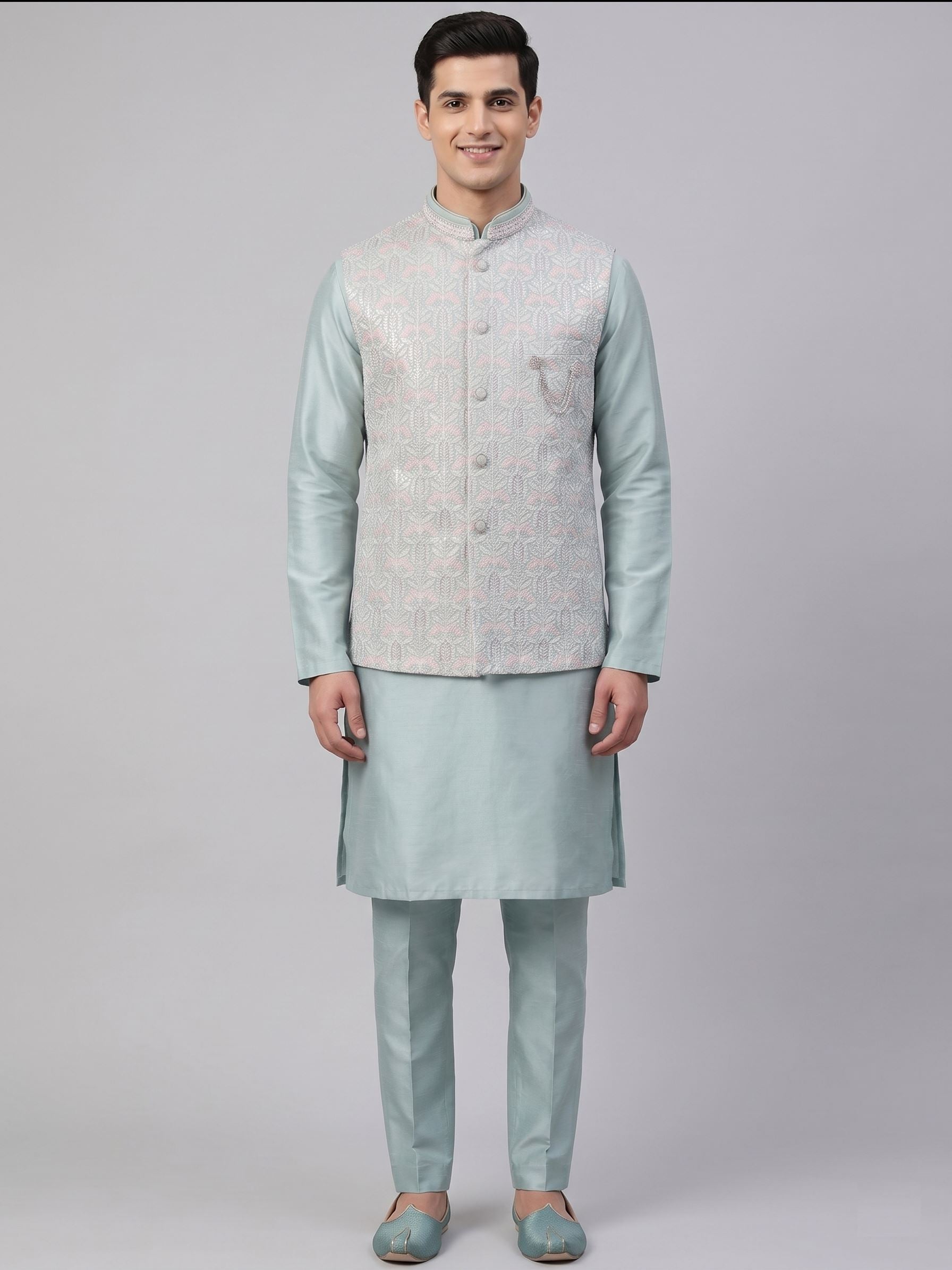Men’s Sea-Green Kurta Set with Embroidered Nehru Jacket