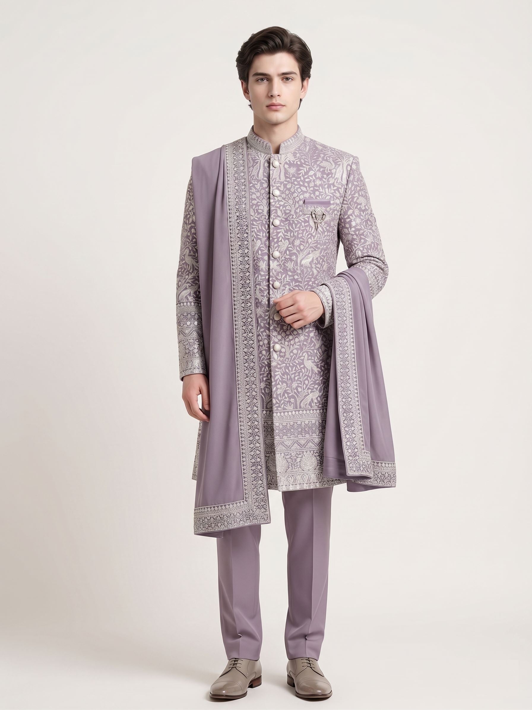Lavender Embroidered Indo-Western Set with Tonal Drape
