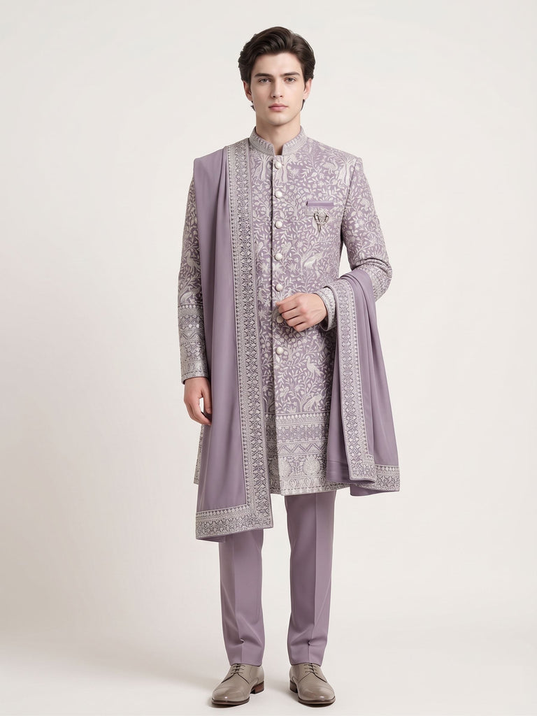 Lavender Embroidered Indo-Western Set with Tonal Drape