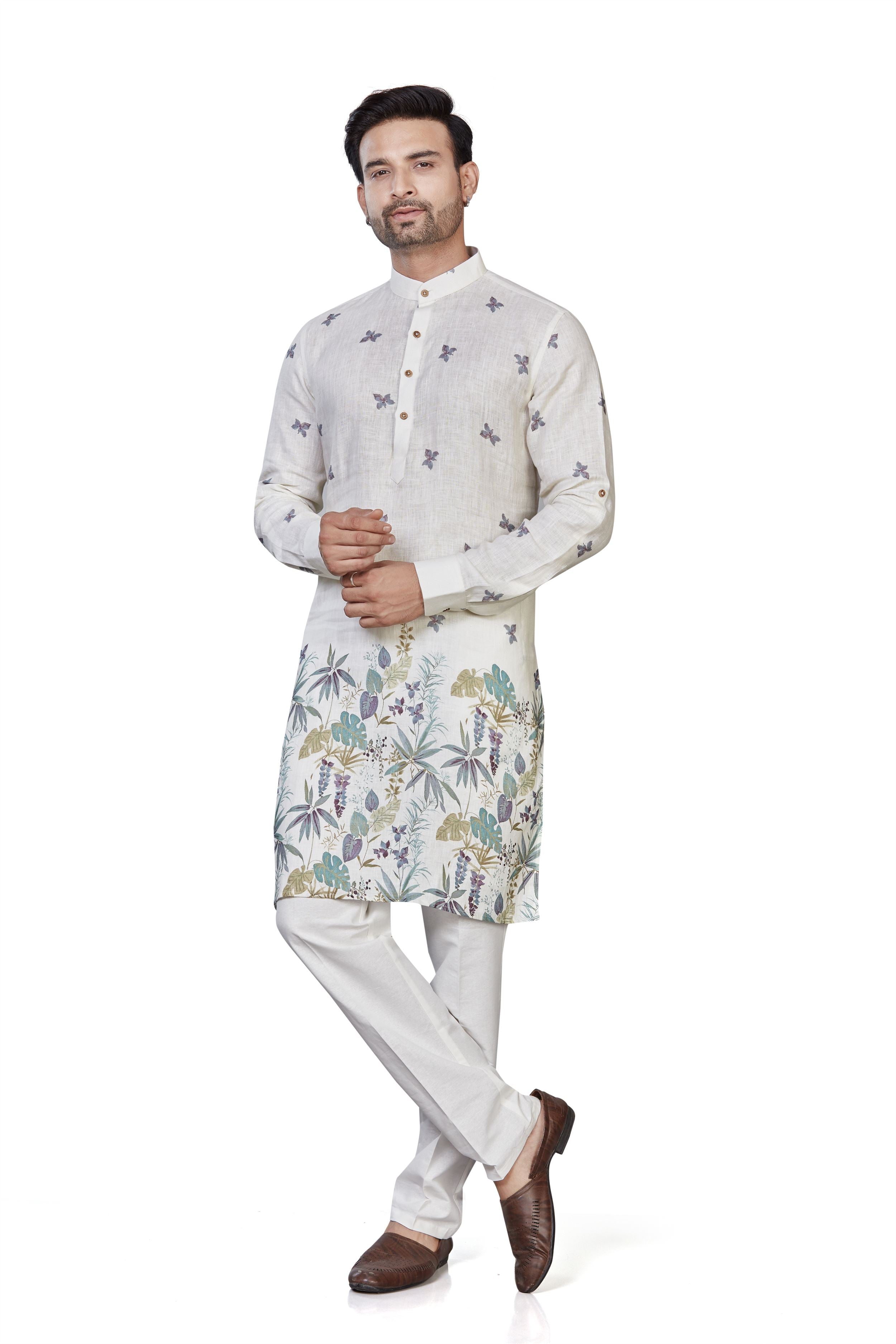 Light Pista linen-blend kurta set