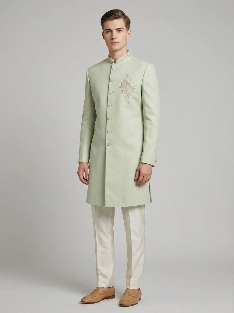 Pista Green Embroidered Indowestern