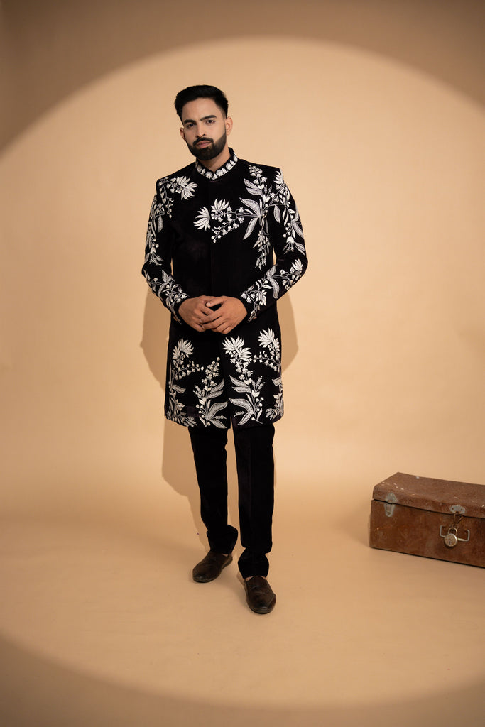 Midnight Onyx Floral Velvet Indowestern