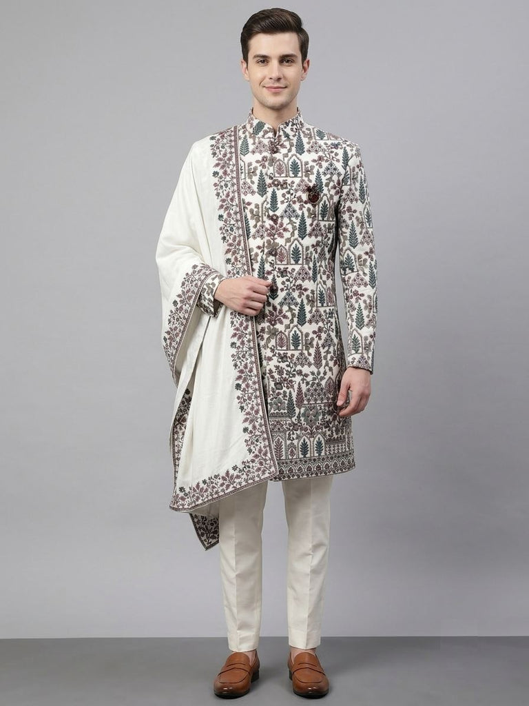 Off-White Embroidered Indo-Western Set with Stole