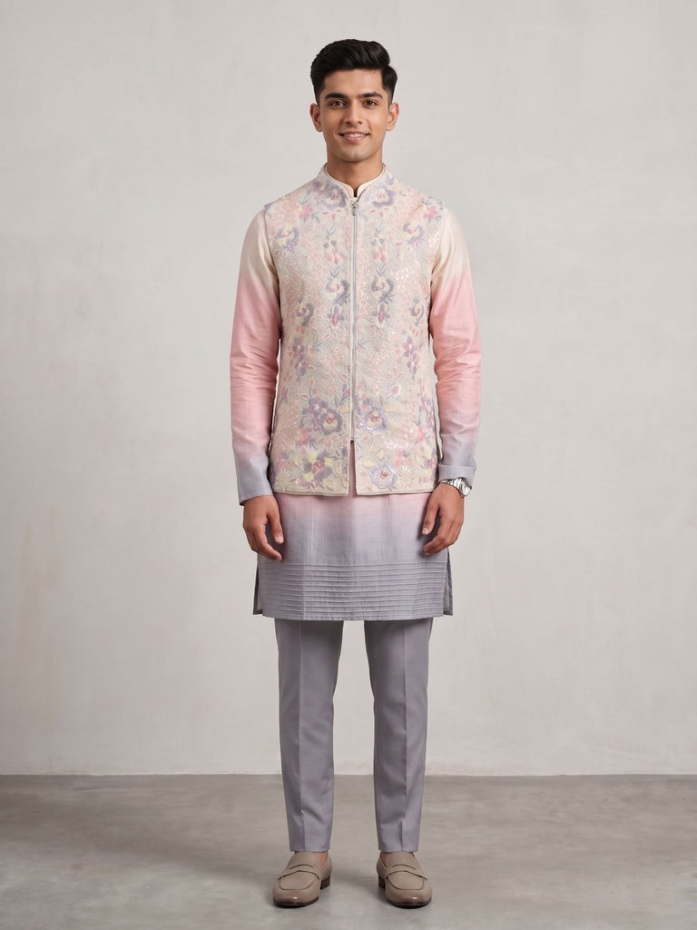 Ombré Elegance: Hand-Embroidered Bundi & Kurta Set