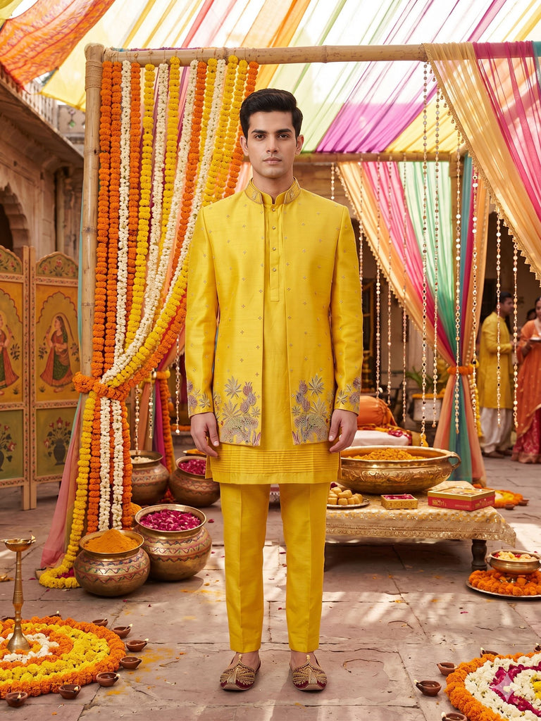 Vibrant Yellow Floral Embroidered Indo-Western