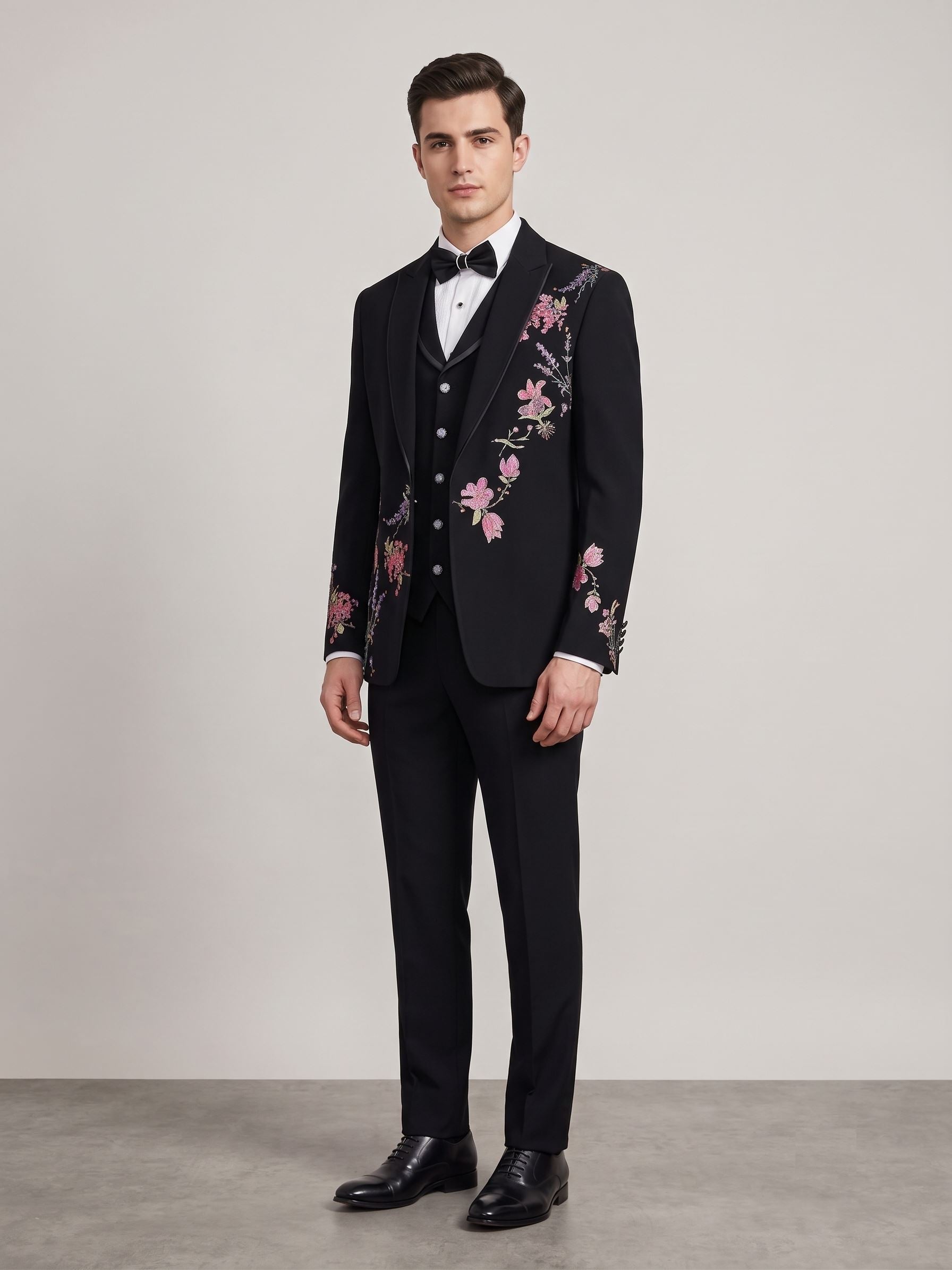 Midnight Black Floral Embroidered Tuxedo Suit