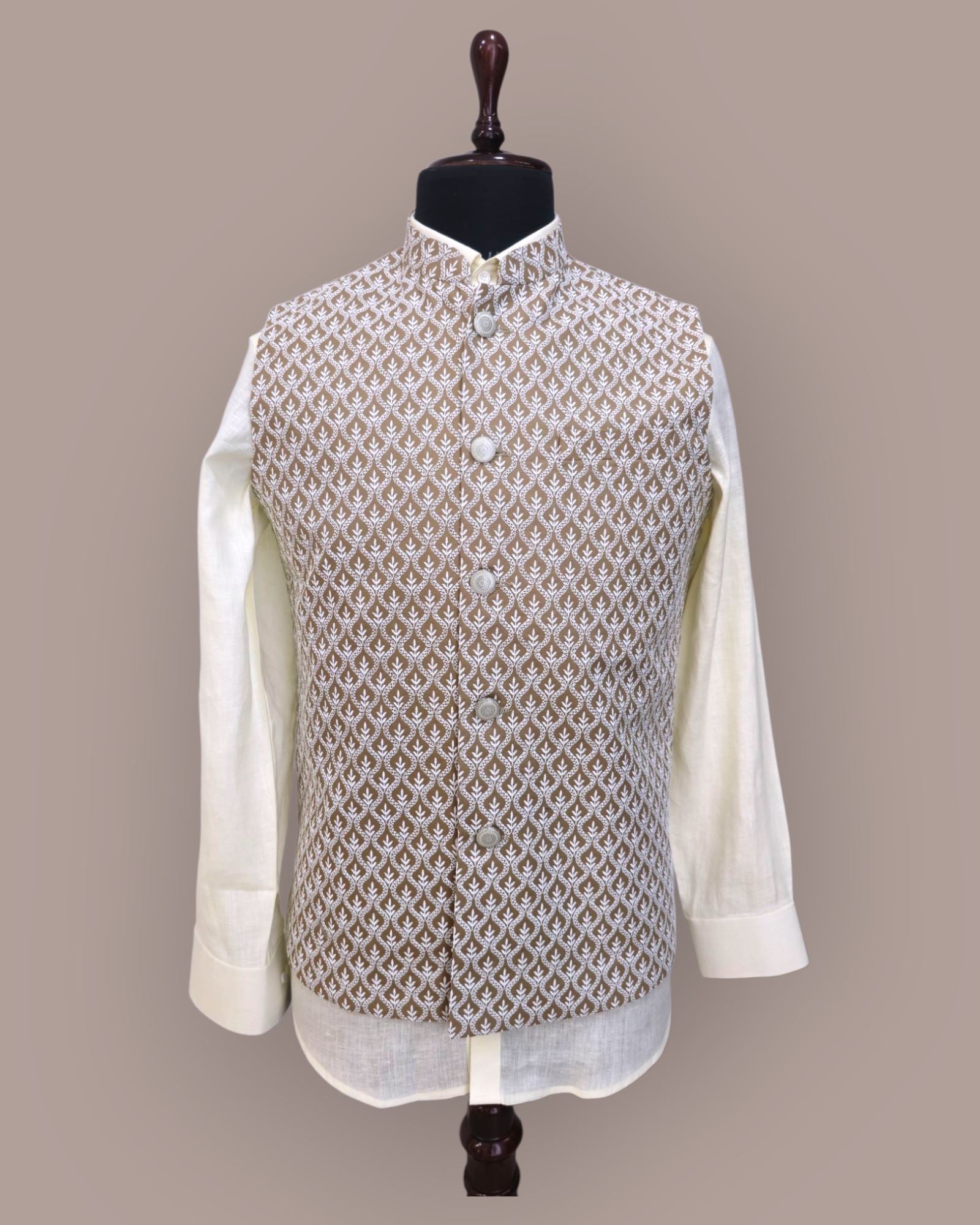 Regal Sandstone Embroidered Nehru Jacket
