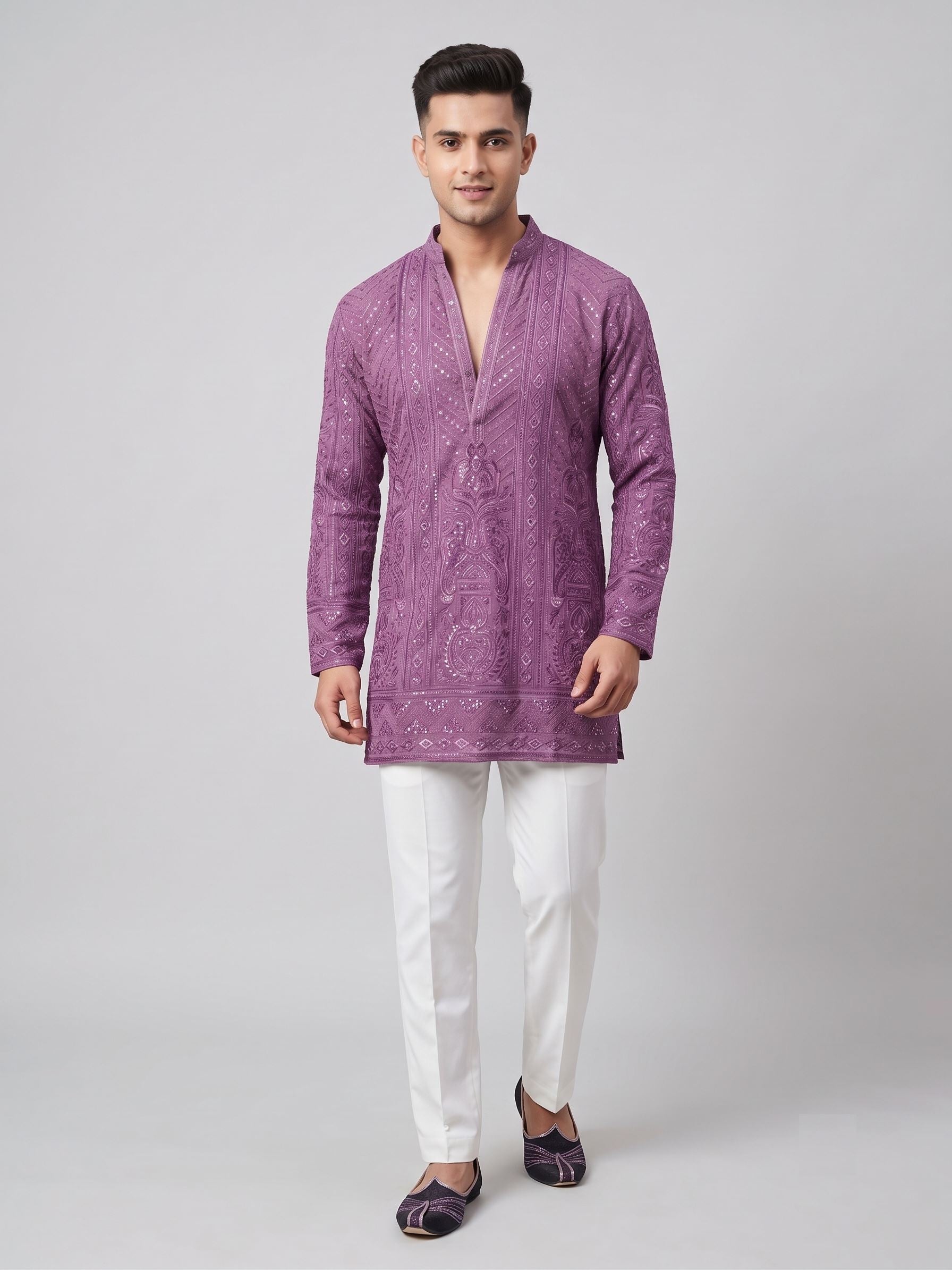Regal Mauve Chikankari Embroidered Short Kurta Set