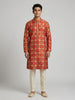 Men’s Vibrant Orange Bandhani Print Silk Kurta Set