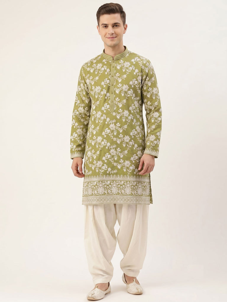 Olive Green Floral Embroidered Kurta Set