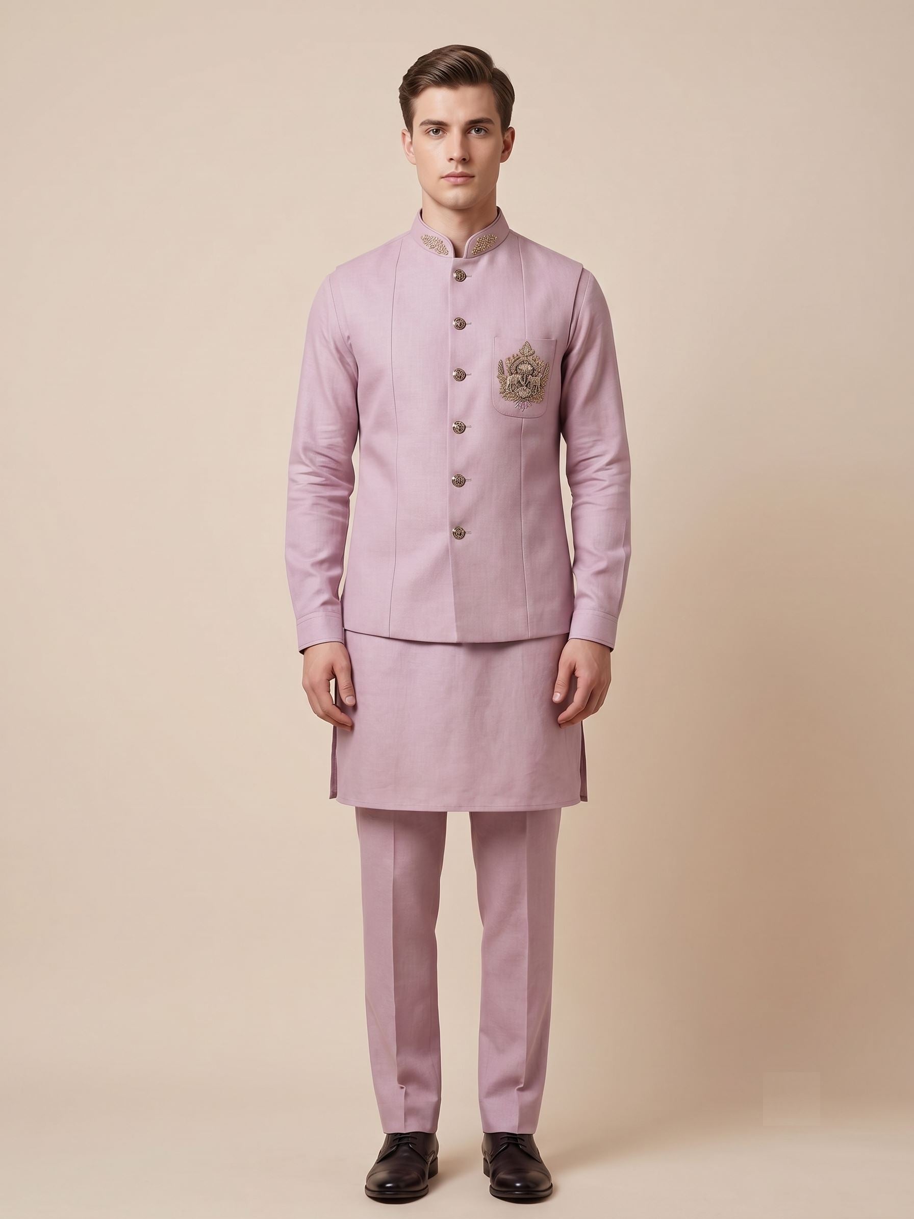 Men's Dusty Pink Linen Koti Set with Embroidered Crest