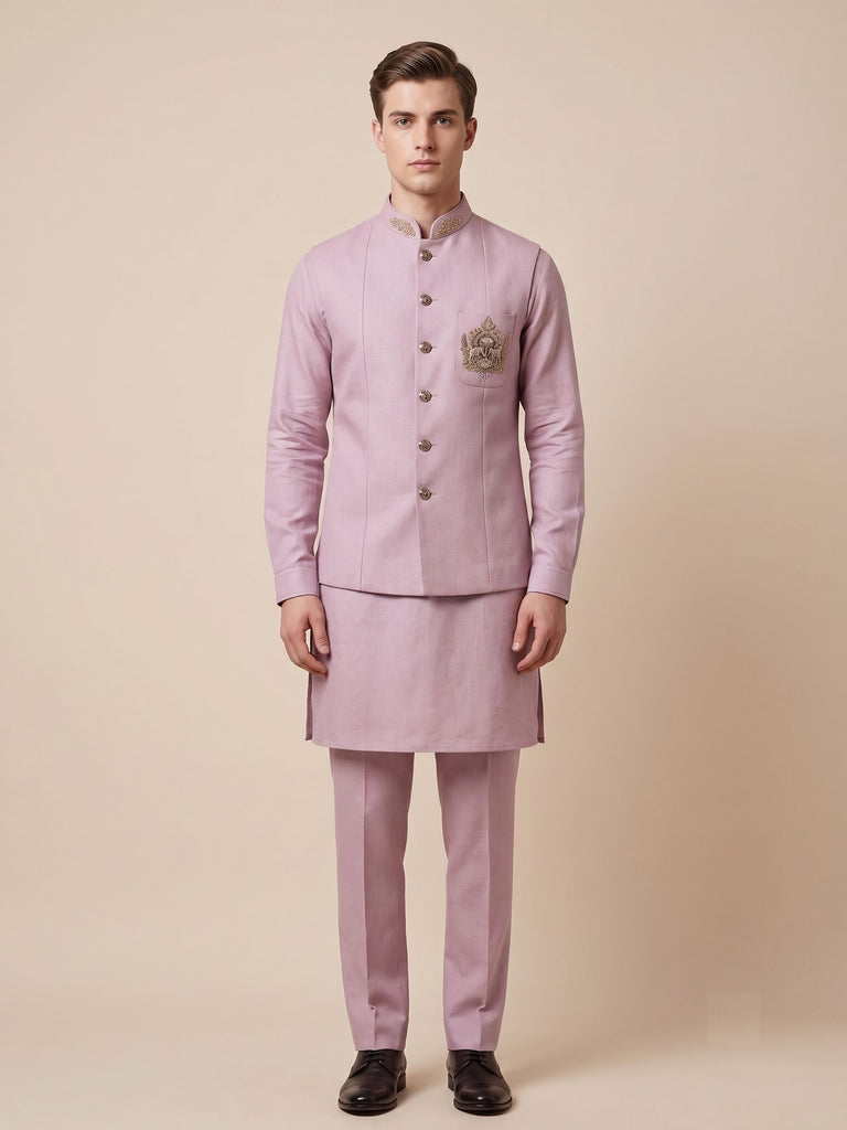 Men's Dusty Pink Linen Koti Set with Embroidered Crest
