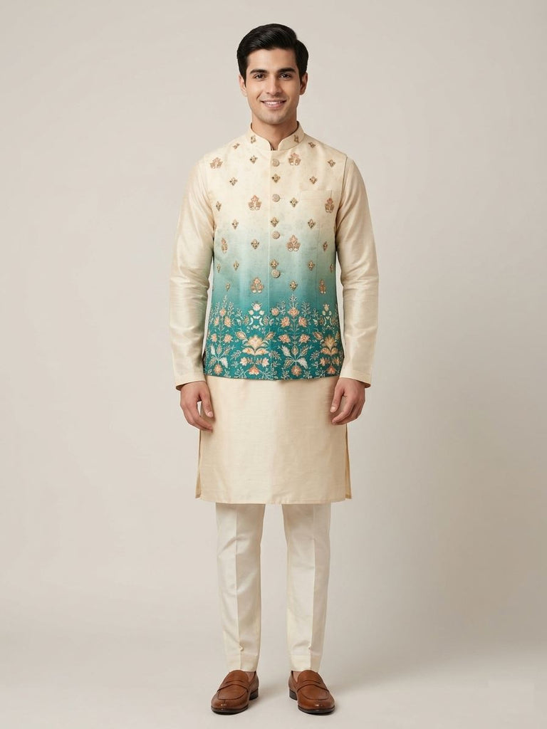 Teal Ombré Embroidered Bundi Waistcoat