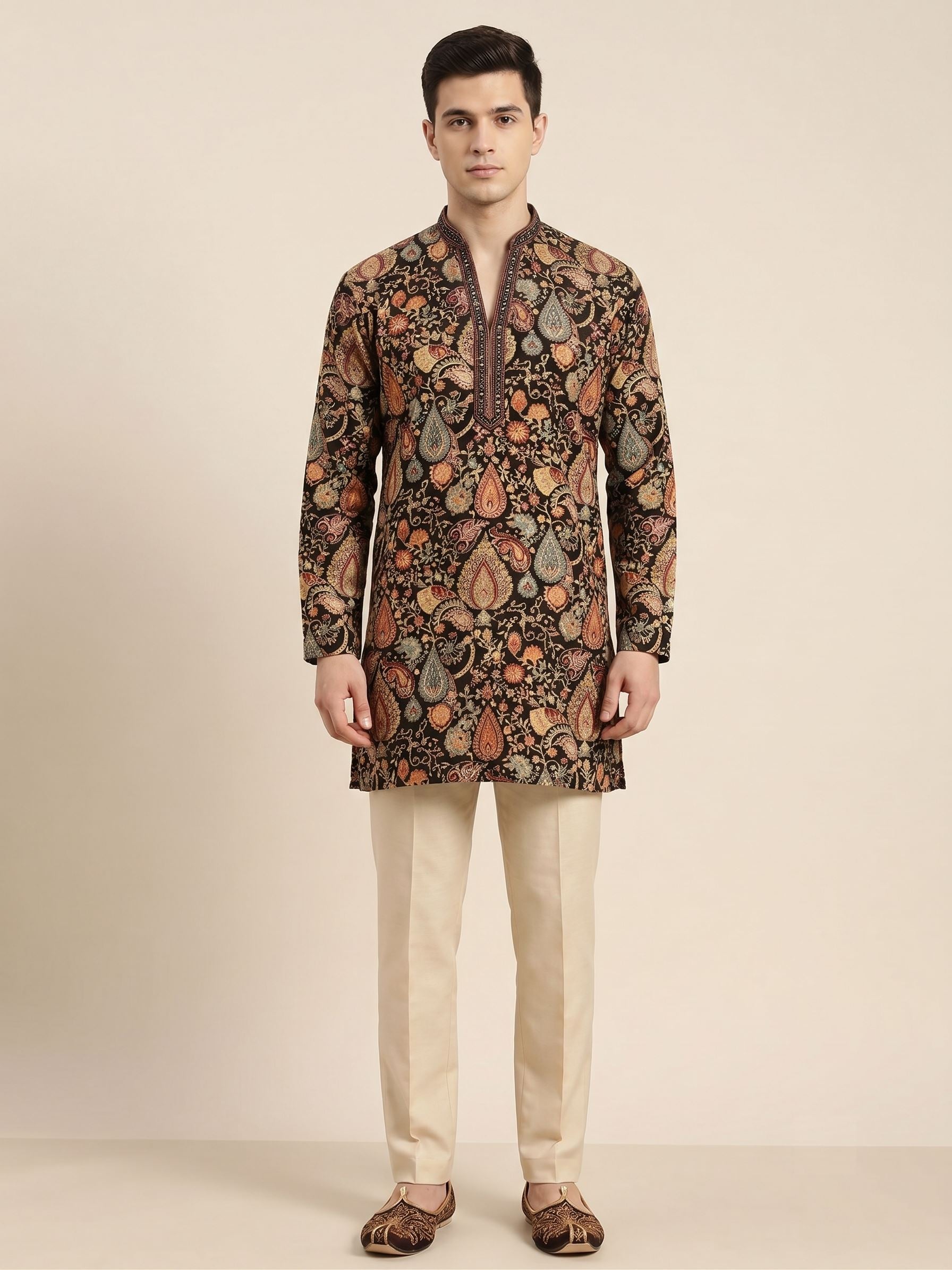 Black Vintage Botanical Silk-Blend Kurta Set