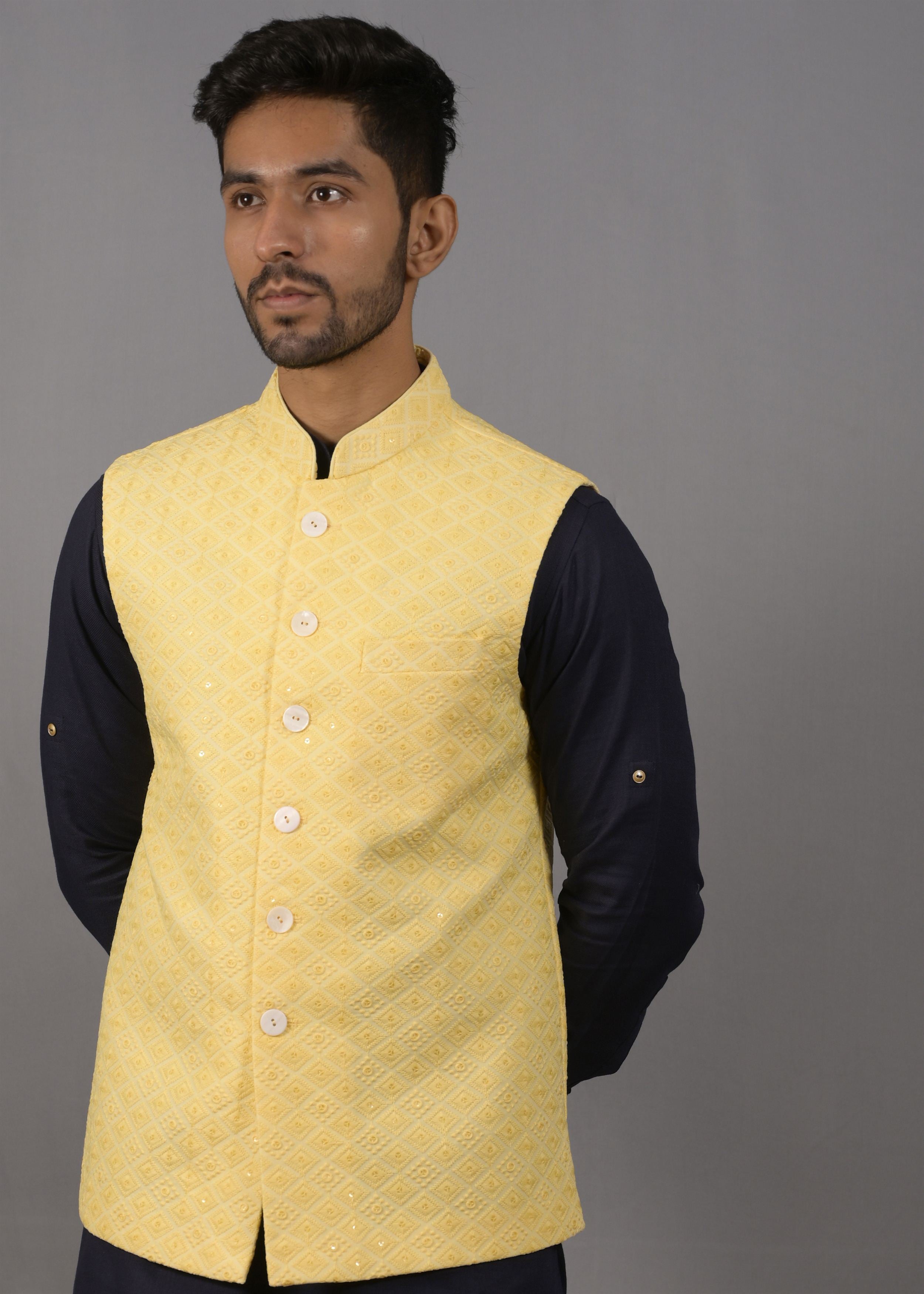 Buy HANGUP Yellow Solid Poly Blend Regular Fit Men's Nehru Jacket |  Shoppers Stop