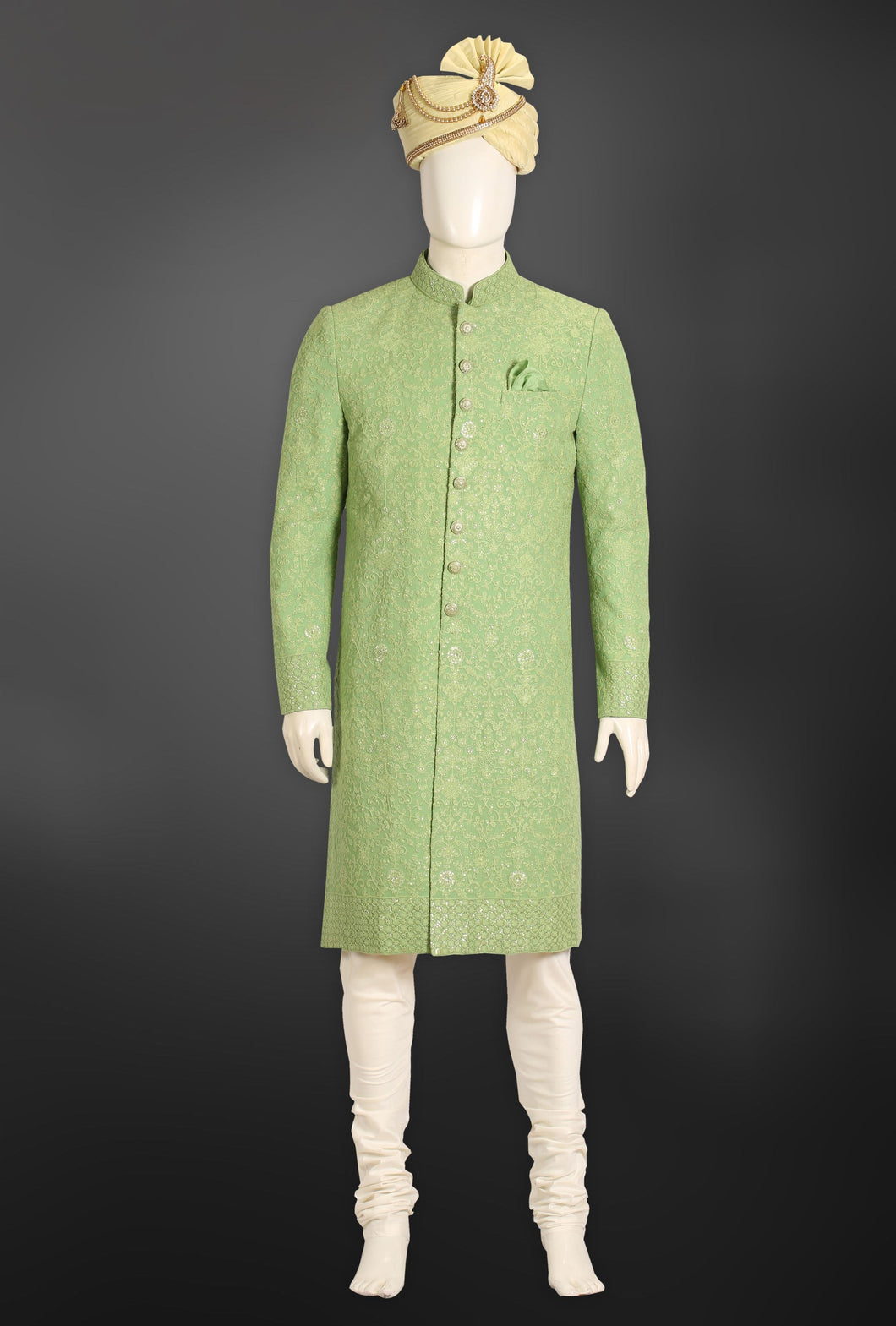C GREEN SEQUINS WORKED SHERWANI FOR GROOM